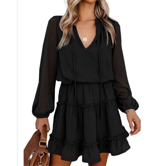 NWT BTFBM Women's V Neck Tie Neck Long Sleeve High Waist Dress Black Size M - Picture 1 of 8